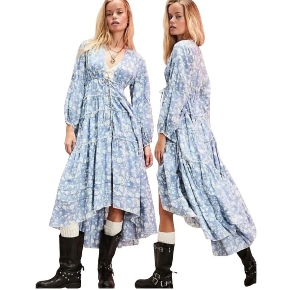 Free People Rare Feelings Maxi Dress Blue Floral High Low V-Neck Boho Small
